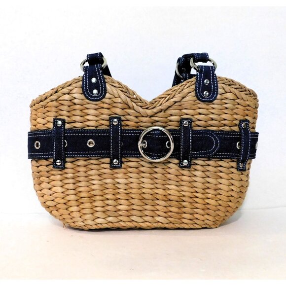 Randolph Duke The Look Straw Shoulder Bag Denim Belt Accents Blue Tan Purse - Picture 2 of 8